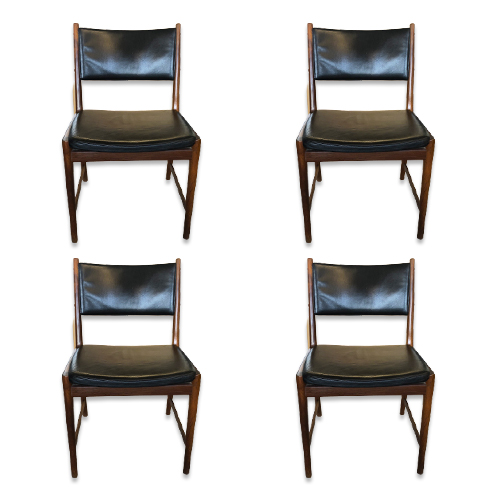 Ensemble de quatre chaise en cuir et palissandre vintchy la brocante en ligne vintage et design en suisse geneve